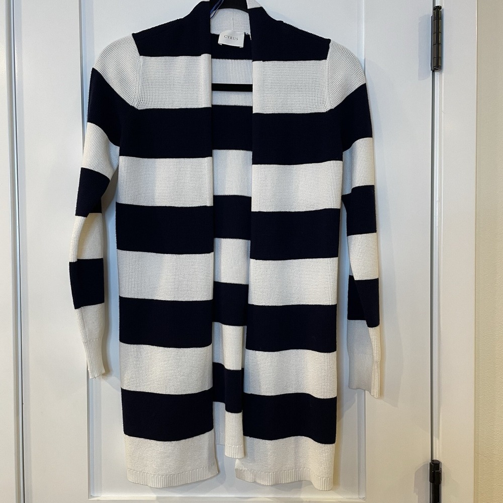 Cyrus Cardigan Sweater Navy Blue White Striped Long Sleeve Relaxed Fisherman S